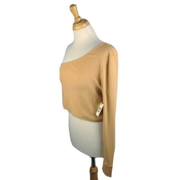 Open Edit Womens Crop Top One Shoulder Tan Capuccino Ribbed Knit Large L NEW - Picture 3 of 9